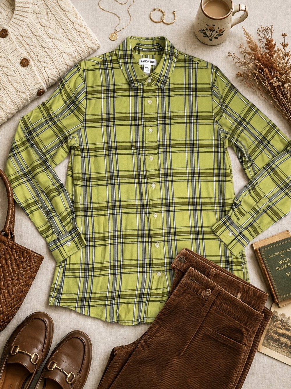 Plaid Flannel Shirt Lands’ End Green M Cotton Fall layering